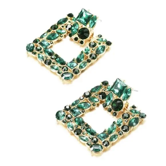 Yellow Gold with Emerald Green Crystal Geometric Square Post Back Drop Earrings